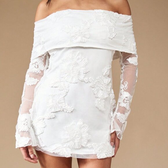 White Elegant Womens Embroidered Flap Off Shoulder Bardot Long Sleeve Mini Dress - Picture 8 of 8